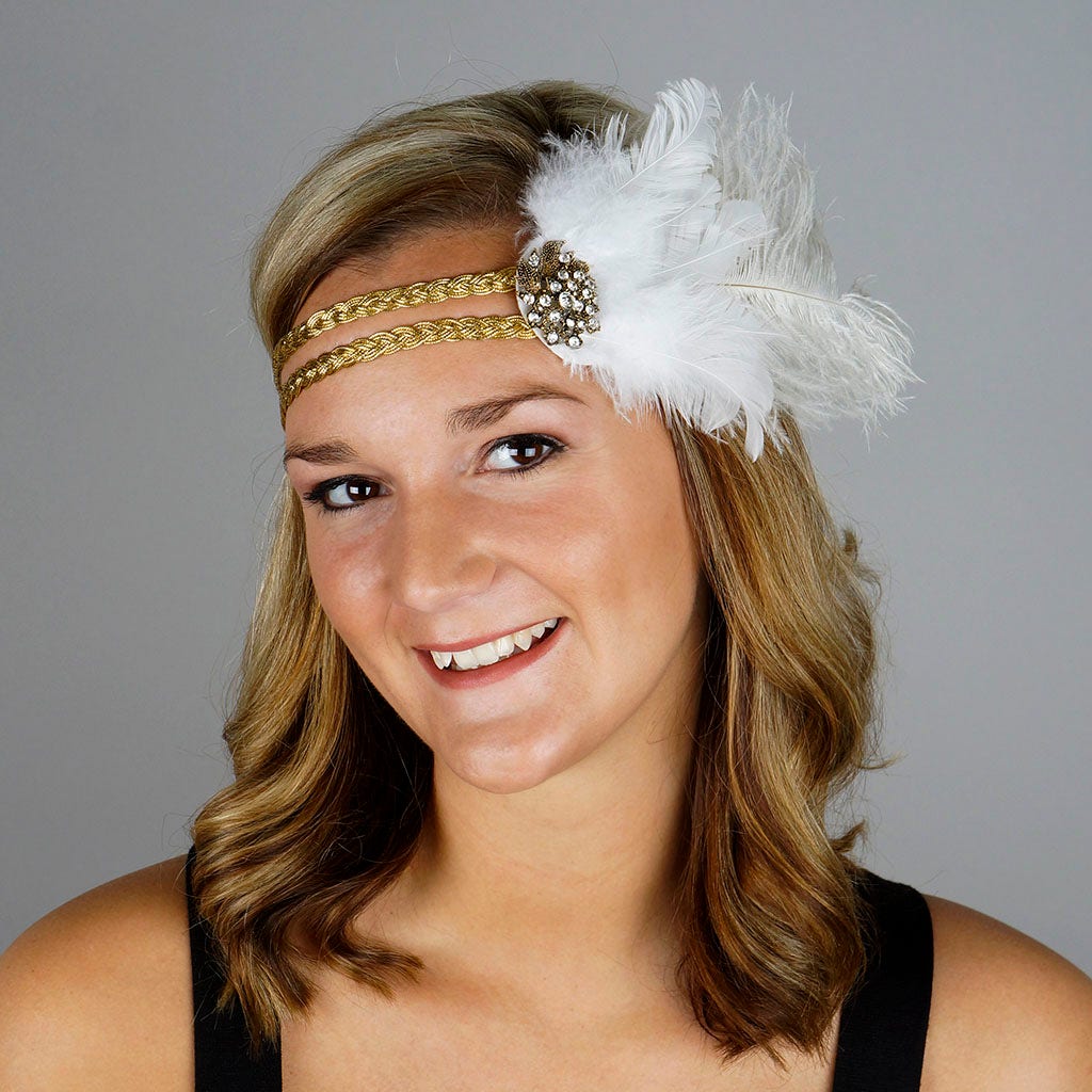 Feather Headband w/Ostrich/Schlappen White/Gold