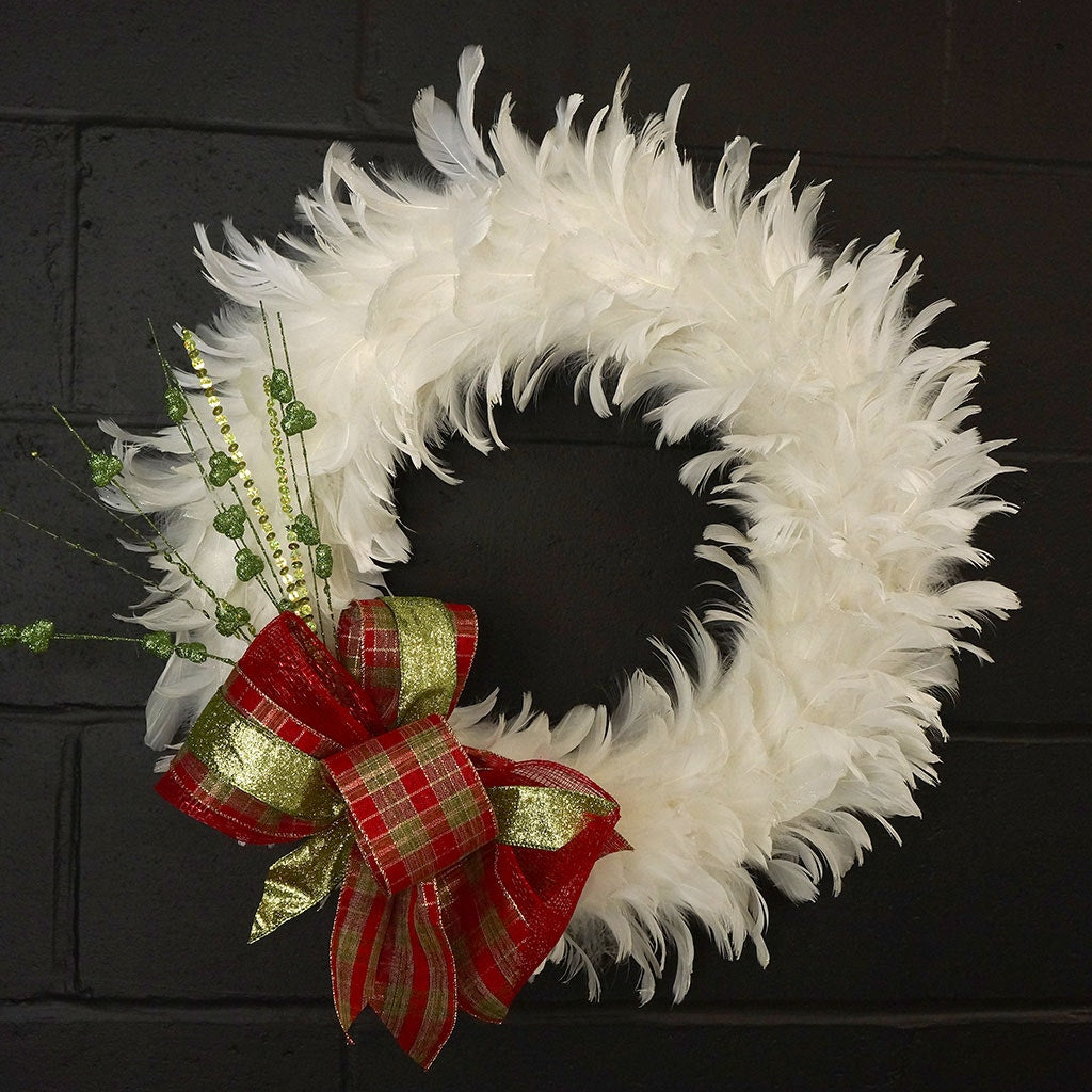 Goose Coquille Feather Wreath - 20 to 22 inch - White - Opal Lurex