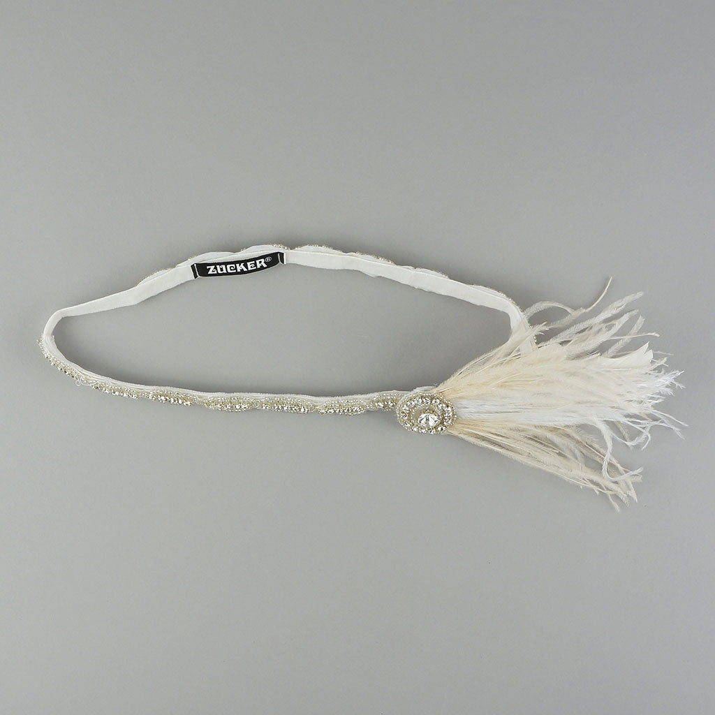 Elegant Feather Headband w/Rhinestone Accent - White and Ivory