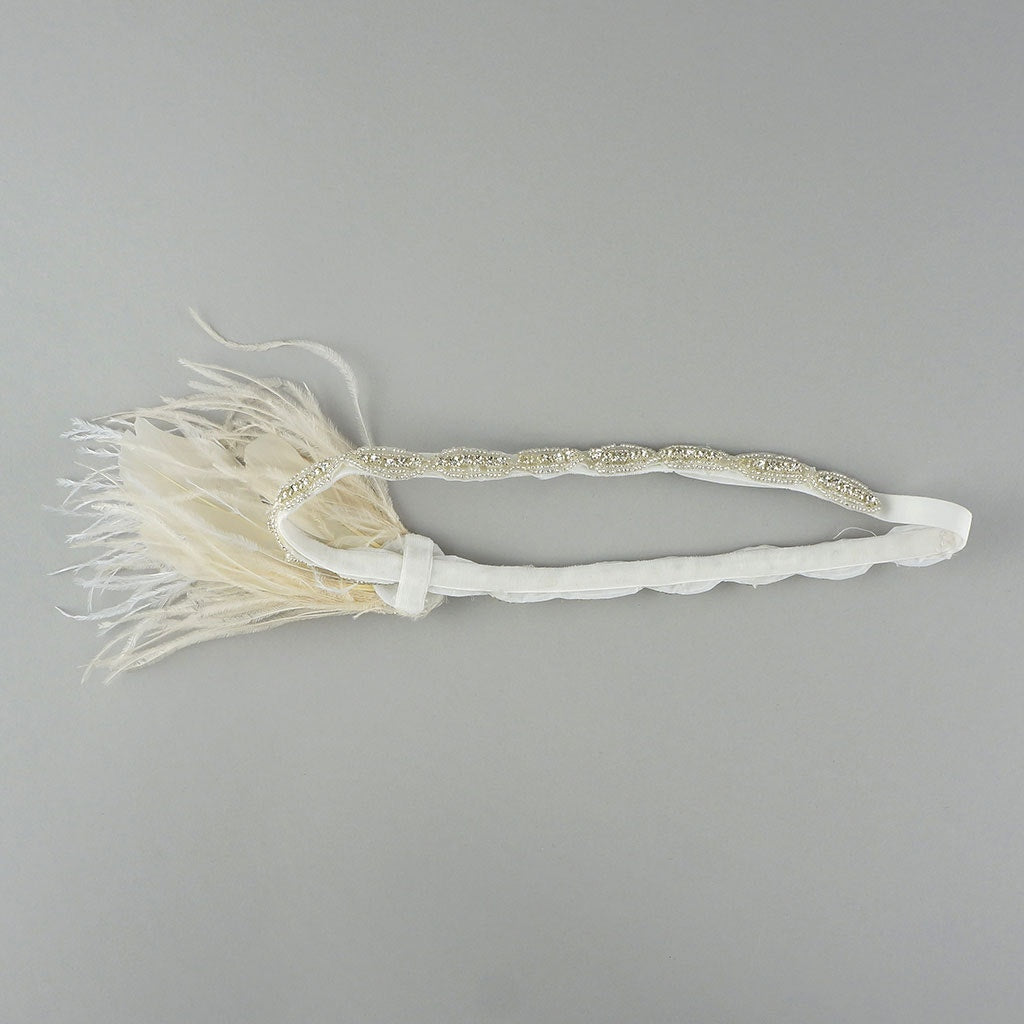 Elegant Feather Headband w/Rhinestone Accent - White and Ivory