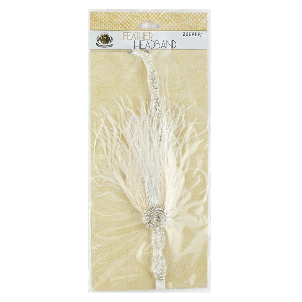Elegant Feather Headband w/Rhinestone Accent - White and Ivory