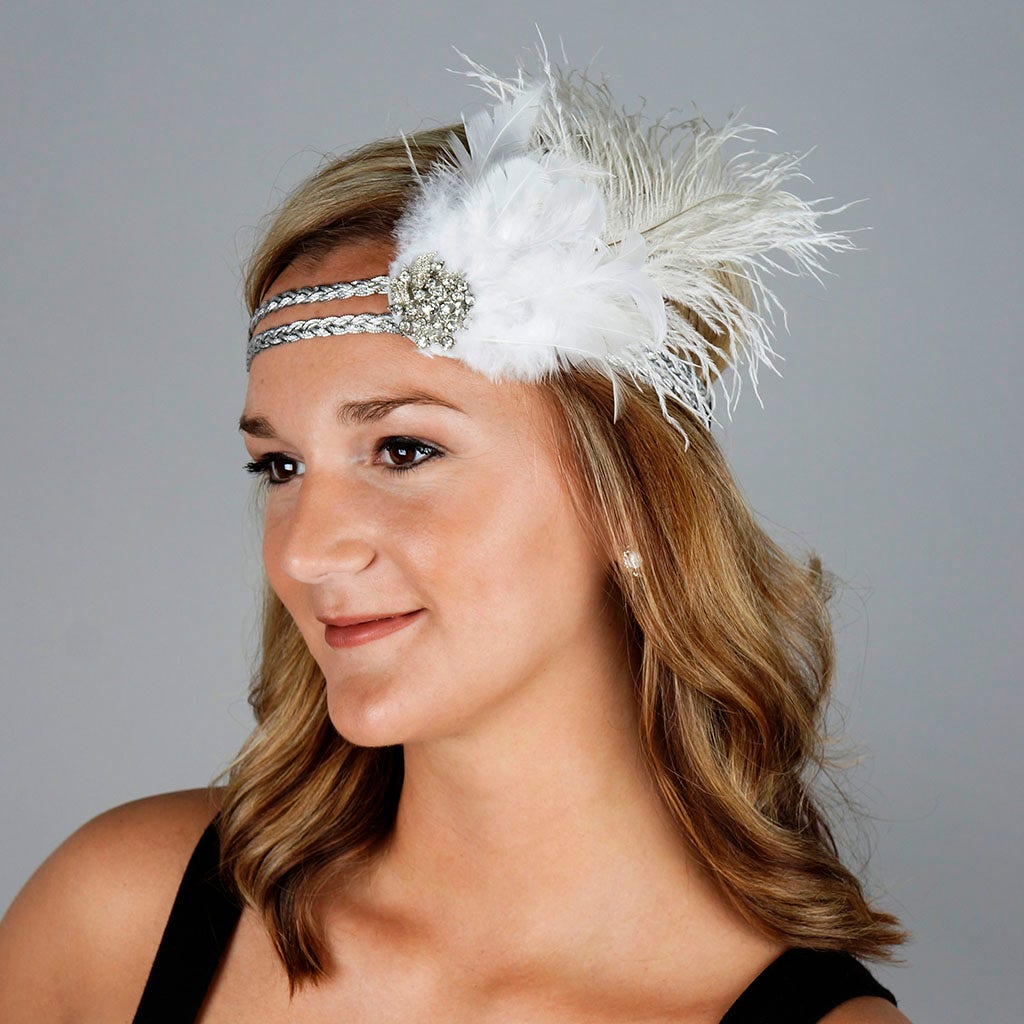 Feather Headband w/Ostrich/Schlappen White/Silver